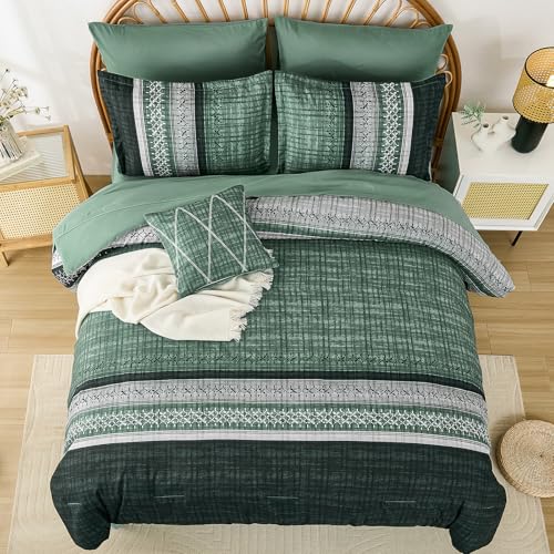 Image of Dintszyayue Green Comforter Set Queen Size, 8 Pieces Boho Striped Bed in a Bag Soft Microfiber Bedding Set for All Season