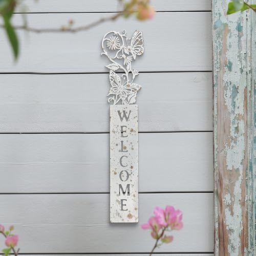 All Chic Metal Welcome Sign for Front Door Vertical Wall Mounted Front Door Sign Butterfly with Floral Cutout Hanging Welcome Sign Decorations Indoor Outdoor Home Decor