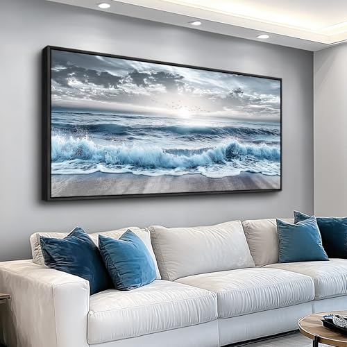 ERQINHUA Wall Decor For Bedroom Dining room Wall Art For Living Room Office Decor Blue Beach Sea Wave Paintings Sunrise Ocean Seascape Wall Pictures Canvas Artwork Home Decor Black Framed 20x40 In
