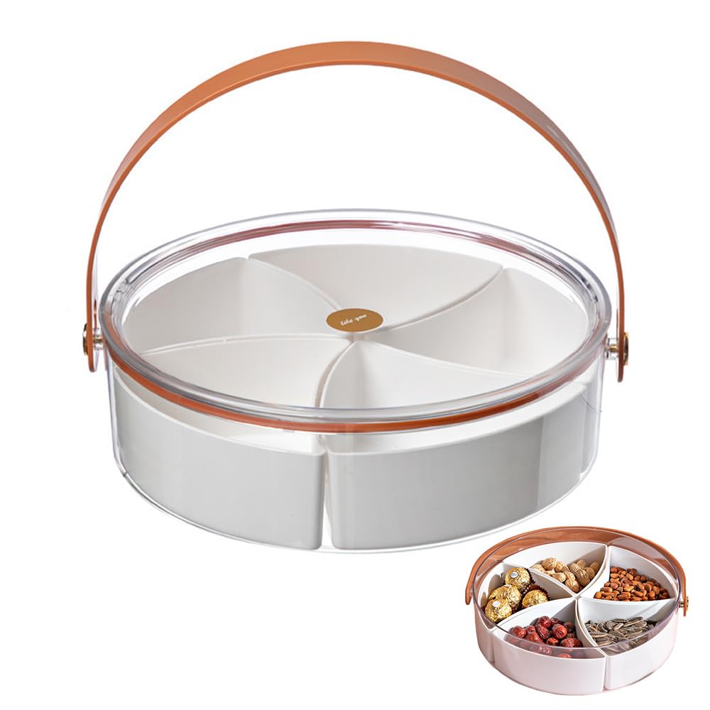 Divided Serving Tray with Lid, Round Fruit Serving Container with Handle, Reusable Snack Box with 5 Compartment Dispenser for Nuts, Candies, Sweet Cookies and Fruits (White)