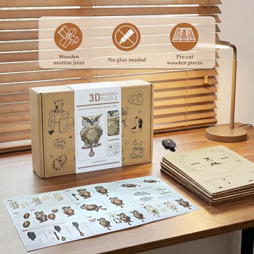 3D Puzzles for Adults Owl Clock Kit with Pendulum, Mechanical 3D Wooden Puzzle Kit for Adults, DIY Wooden Clock Model Building Kits Set, Unique Christmas Home Decor Gift for Women Men — view 4