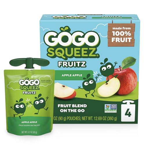 GoGo squeeZ Applesauce and Fruit Puree, Apple Apple, 3.2 oz (Pack of 4), Unsweetened Fruit Snacks for Kids, Gluten Free, Nut Free and Dairy Free, BPA Free Pouches (Packaging May Vary)