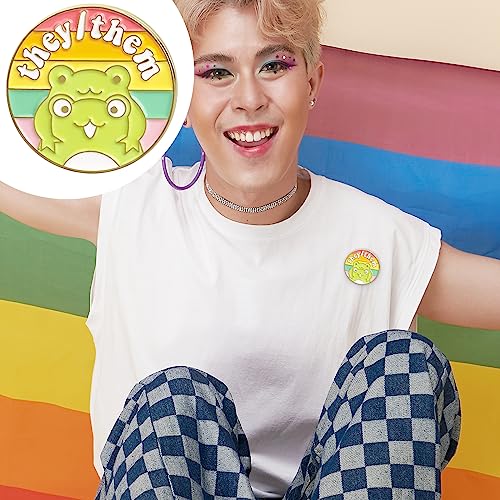 Image of LGBTQ Pronouns Cute Frog Pin - Gender Identity Bulk Pins for Pride Parade or Daily Wear - They /Them (Free 1pc Pride Sticker Included)