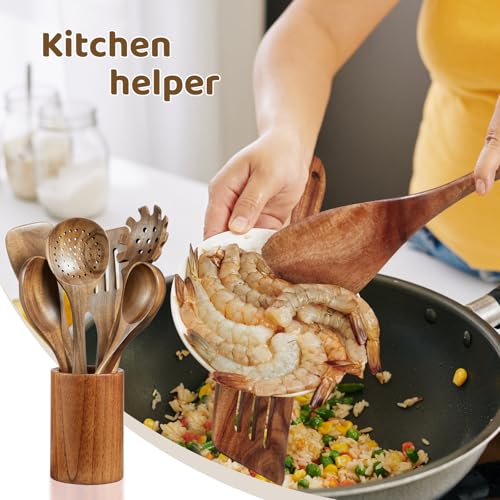 Cucharas de madera para cocinar, juego de utensilios de cocina de teca con espátulas y base 8