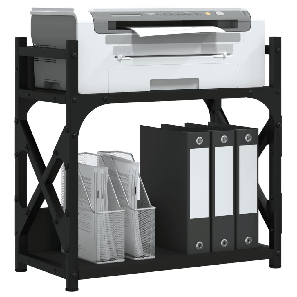Supporto per stampante a 2 ripiani, nero, 40 x 20 x 40 cm, in legno con struttura in metallo, gambe regolabili e tappi in plastica, supporto da scrivania multifunzione per stampanti