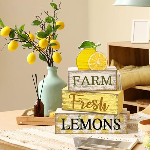 Image of Moucuny 4 Pcs Summer Lemon Decor Summer Table Decorations Farm Fresh Lemons Wooden Stacked Block Decor Rustic Summertime Tiered Tray Decoration Fruits Centerpiece for Home Kitchen Dining Room Mantel