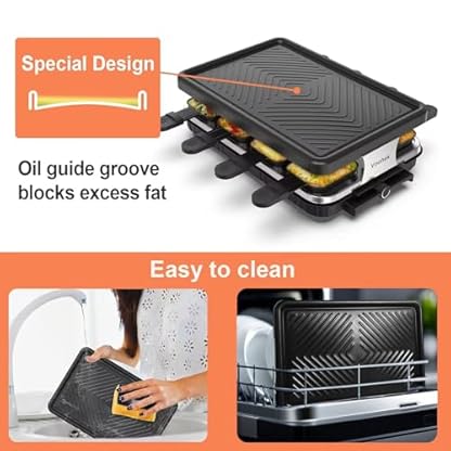 Raclette 8 Personen Raclette Grill Tischgrill Elektrisch 8 Pfännchen und Holzspatel Korean BBQ Grill Elektrogrill Antihaftbeschichteter Regulierbare Temperatur 1300 Watt, Schwarz – Bild 5