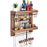 Pinzoveco Hanging Jewelry Organizer Wall Mounted With Wall Jewelry Organizer Holder For Necklaces Bracelet Earrings Ring (Rustic Wood)