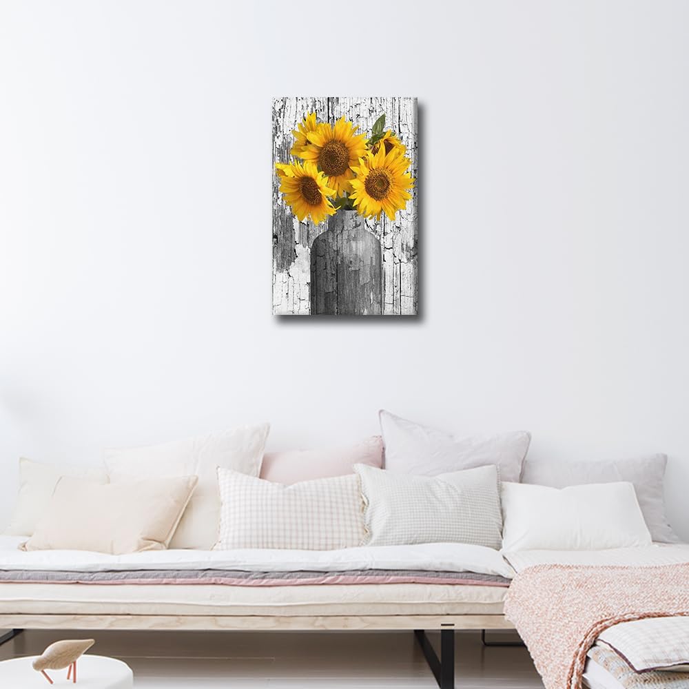 TISHIRON Rustic Yellow Sunflower in Vase Black and White Farmhouse Cottage Countryside Canvas Wall Art Prints Framed Picture Photo Painting Home Decor Ready to Hang 24"x16" - Image 3