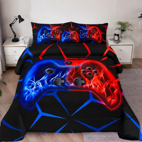 Image of ZRNBAST 6-Piece Gamer Comforter Set Queen Size Red and Blue Gaming Bedding Sets for Boys with Sheets Soft Fluffy Game Console Design Bed in a Bag (Red Blue, Queen)