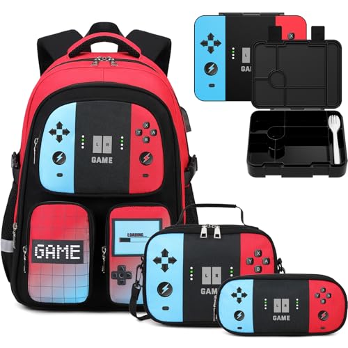 School Backpack for Boys, 4 PCS Gamer Boy Backpack Set with Bento Box, Lunch Box & Pencil Pouch, Waterproof Schoolbag for Boys Kids Teens, Elementary Middle School, Kid Bookbag Casual Daypack