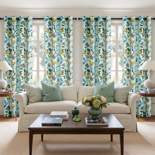 Image of Topfinel 90 Inches Long Curtains Mint Green Whimsical Woodland Leaf Jungle Flower Hummingbird Victorian Grommet Thick Sage Green Curtains for Balcony Sliding Glass Office Bedroom Living Room