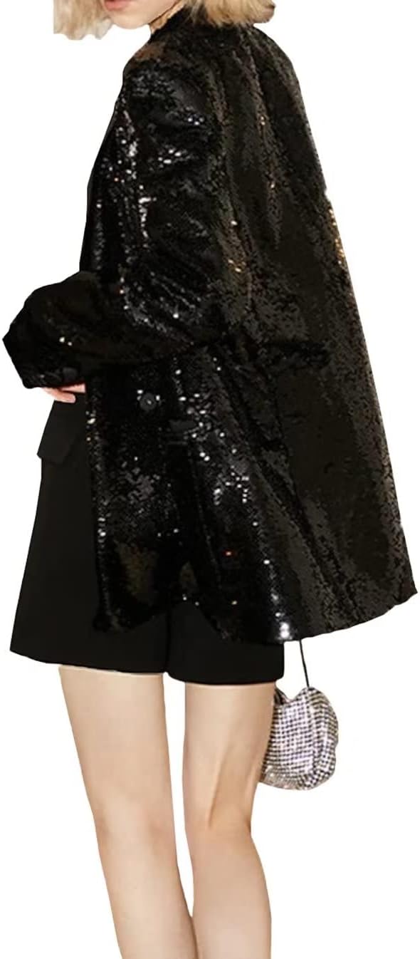 Vintage Sequins Loose 90's Blazer for Women Black Long Sleeve Notched Casual Jacker Coat