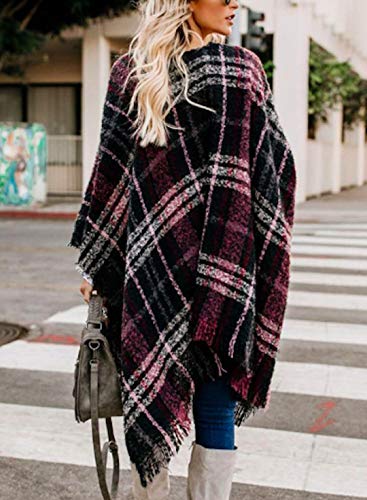 VIMPUNEC Women Boho Buffalo Plaid Poncho Pashmina Shawl Wrap Cape Sweater Knitting Cardigan with Tassel2
