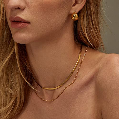 Chesky 14K Gold/Silver Plated Snake Chain Necklace Herringbone Necklace Gold Choker Necklaces For Women Girl Gifts Jewelry 1.5/3/5Mm(W) 14"/16"(L) (Layer 5Mm Snkae&3Mm Gold) #TOP1