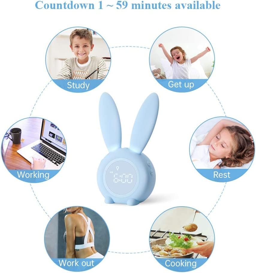 Diagram showing the rabbit alarm clock at the center of a circle of daily activities like studying, getting up, resting, working, cooking, and working out, indicating the versatility of the countdown timer.