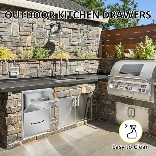 Image of Outdoor Kitchen Drawers with Paper Towel Holder 16 inch W x 20 inch H x 20 inch D Flush Mount BBQ Drawers with Chrome Handle,Stainless Steel Built-in Double Access Drawers for Outdoor Kitchen Island