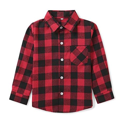 Boys Flannel Shirt Toddler Buffalo Plaid Shirt Long Sleeve Button Down Shirts Kids Casual Tops G001 Red Black Tag 160CM - 9-10 Years Cover