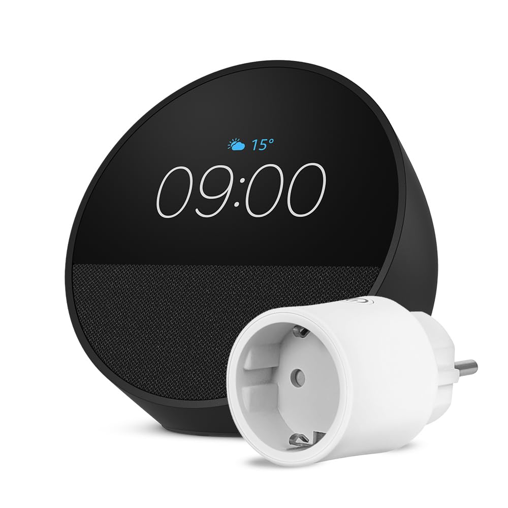 Amazon Echo Spot (última generación) | Negro + OSRAM SMART+ Enchufe inteligente con Matter, compatible con Alexa - Kit de inicio de Hogar digital