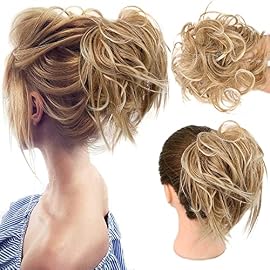 HMD Tousled Updo Messy Bun Hair Piece Hair Extension Ponytail With Elastic Rubber Band Updo Extensions Hairpiece Synthetic Hair Extensions Scrunchies Ponytail Hairpieces for Women(Tousled Updo Bun, 27T613Honey Blonde Mix Bleach Blonde)