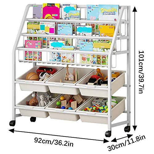 Moamun Kids Bookshelf Children Book Organizer 5 Tier Metal Kids Bookcases And Toy Storage Rack With 6 Cube Bins For Playroom Bedroom Living Room Study Room(Beige) #TOP2