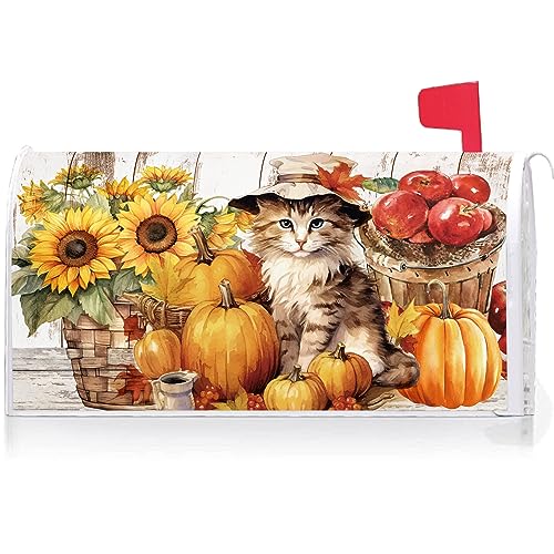 Image of Texupday Fall Harvest Sunflower Pumpkin Cute Cat Mailbox Cover with Magnetic Strip Autumn Thanksgiving Mailbox Wraps Post Letter Box Cover Standard Size 21 inch X 18 inch Garden Farm Outdoor Yard Decor
