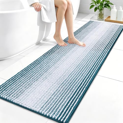 Image of OLANLY Bathroom Runner Rugs 59x20, Extra Soft Absorbent Chenille Striped Bath Rugs, Rubber Backing, Machine Wash Dry, Long Bath Mats for Bathroom, Tub, Shower, Home Decor Accessories, Peacock Blue