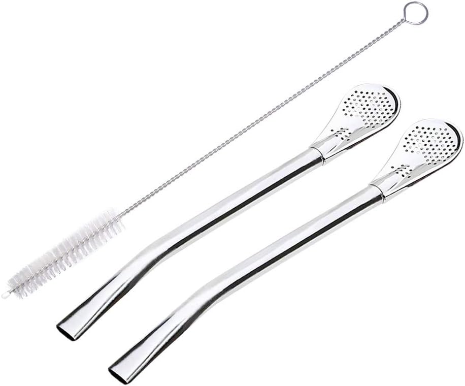 GFDesign Yerba Mate Bombilla Gourd Drinking Filter Straws 304 Food-Grade 18/8 Stainless Steel - Set of 2 with Cleaning Brush - 6" Long