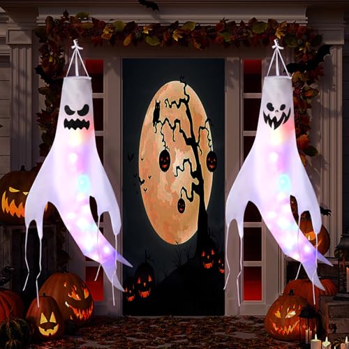 Halloween Ghost Windsock, 2 Pcs Scary Halloween Hanging Decorations With 4 LED Lights