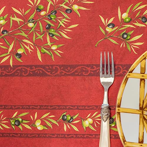 Amelie Michel Wipe-Clean Tablecloth In Olives, Red | Authentic French Acrylic-Coated 100% Cotton Fabric | Easy Care, Spill Proof [60" X 96" Rectangle] #TOP4