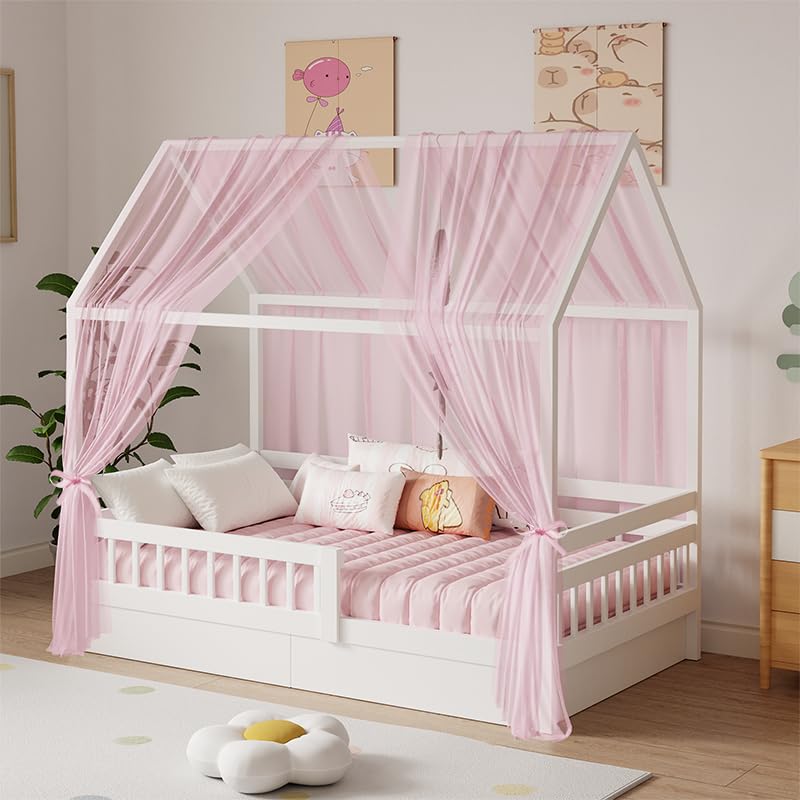Zdada Hausbett Himmel Set, 2 Stück Betthimmel Hausbett für Hausbett Deko, Bett Vorhang für Mädchen Jungen Kinderbett Kinderzimmer Deko,150 x 350 cm Rosa