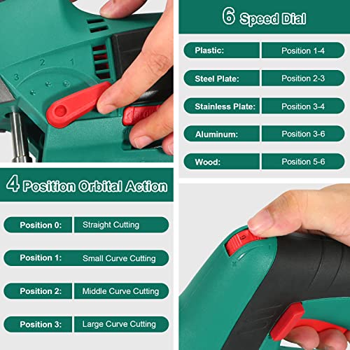 HYCHIKA Jig Saws, 800W Max Cutting Depth 110mm for Metal, 800-3000 SPM Electric Jigsaw with Class 2 Laser, 6 Variable Speeds, 0-3 Orbital Sets, -45° to +45° Bevel Cutting, 6 Blades 3 HYCHIKA Jig Saws, 800W Max Cutting Depth 110mm for Metal, 800-3000 SPM Electric Jigsaw with Class 2 Laser, 6 Variable Speeds, 0-3 Orbital Sets, -45° to +45° Bevel Cutting, 6 Blades - Image 3