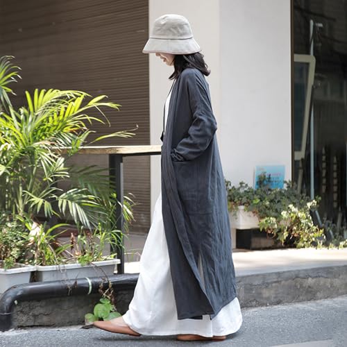 2025 Long 100% Linen Cardigan Women’s V-Neck Side Slit Drop Shoulder Loose Duster Coat Spring Outerwear Dark Gray3