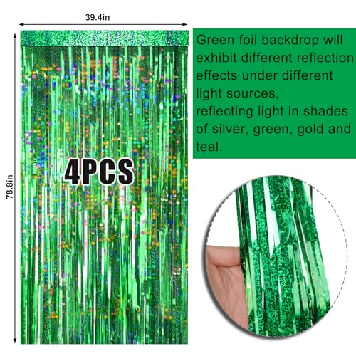 Image of 4 Packs Green Foil Fringe Curtain, Green Glitter Metallic Tinsel Backdrop for Birthday, Wedding, Baby Shower, Halloween, Christmas, Hawaiian Luau, Football, Dinosaur Jungle Party Decorations Supplies