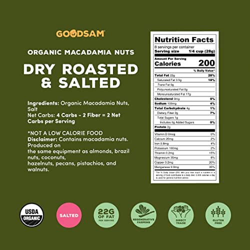 Goodsam Organic Roasted Macadamia Nuts 0.5 Lb, Salted, Gluten Free, Non Gmo, Vegan, Keto, Sourced From Kenya, Regenerative Farming, Direct Trade #TOP5
