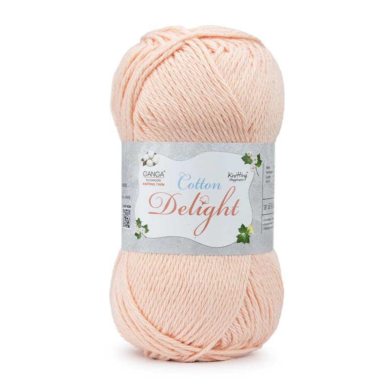 Image of Ganga Acrowools Cotton Delight, Dk Weight Cotton Yarn, Oekotex Class L Certified 100G, 169M, Pack of 1 Ball - 100gm Each, Shade No. - COD043, Vanilla Peach