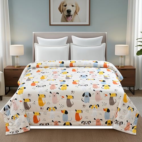 Image of FRESH FROM LOOM Rotary Printed Micro Fiber Comforter | Dohar | Quit | Double Bed | Double Weaved | Washable | Hypoallergenic Skin Friendly (Cream-Puppy | 90x95 Inches)