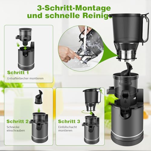 Entsafter - Slow Juicer mit 147 mm Einfüllschacht & 400W Motor | Hohe Saftausbeute & Nährstofferhalt | 1,8L Kapazität inkl. 2 Gläser | Entsafter für Ganzes Obst & Gemüse
