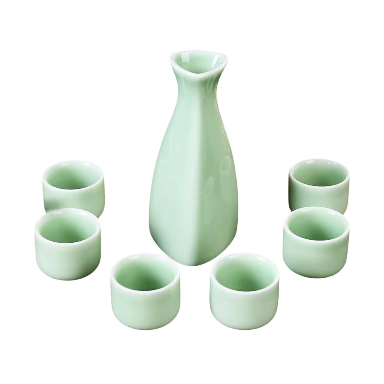 Ceramic Japanese Sake Set, 7 Pcs Jade Color Sake Set, 1 Serving Bottle and 6 Cups for Home, Restaurants, Gifts (Hand Wash)