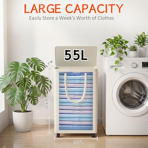 Image of Slim Laundry Hamper with Wheels,15 Gal (55L) Rolling Laundry Basket with lid and wheels Clothes Hamper Foldable Tall Dirty Clothes Basket Sturdy Collapsible Clothes Hamper for Dorm,Laundry Room