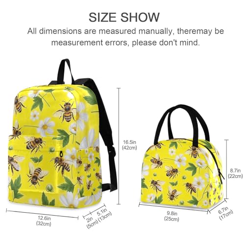 Kids Book Bags Waterproof Picnic Backpack, Travel Backpacks for Big Kids and Youth, Bees White Flowers2