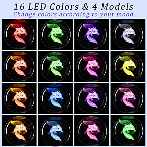 Image of 3D Axolotl Crystal Ball Night Light with 16 Color LED Wooden Base, Premium 2.4 Inch Axolotl Glass Ball Lamps with Remote for Birthday Holiday, Cool Axolotl Toy Decor Gifts for Boys Girls Kids