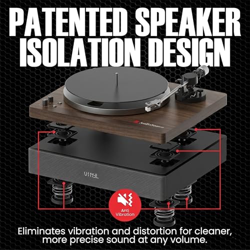 Image of AudioSource Vinyl Record Player, All-in-one Turntable with 2.1 Channel Built-in Speaker, Bluetooth 5.4, 120W, Built-in Subwoofer, High Fidelity 2-Speed Belt Drive, Patented Isolation System, Walnut