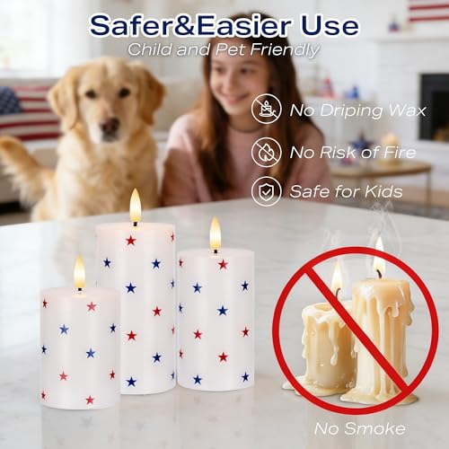 Image of JOIONE Patriotic Flameless Pillar Candles with Remote, 3 Pack Home Decor | Battery Operated, Star Sticker, Real Wax, Remote Control, Warm Flickering Glow, 4th of July Independence Day Party Decor