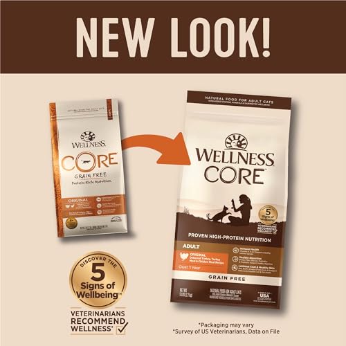 Image of Wellness CORE Adult Dry Cat Food, Natural, Grain Free Kibble, Turkey and Chicken Recipe, 5 lb Bag