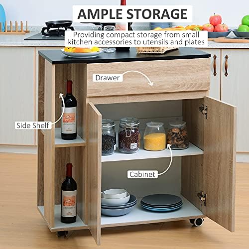 HOMCOM Kitchen Storage Trolley Cart Cupboard Rolling Island Shelves Cabinet With Door and Drawer Locking Wheels