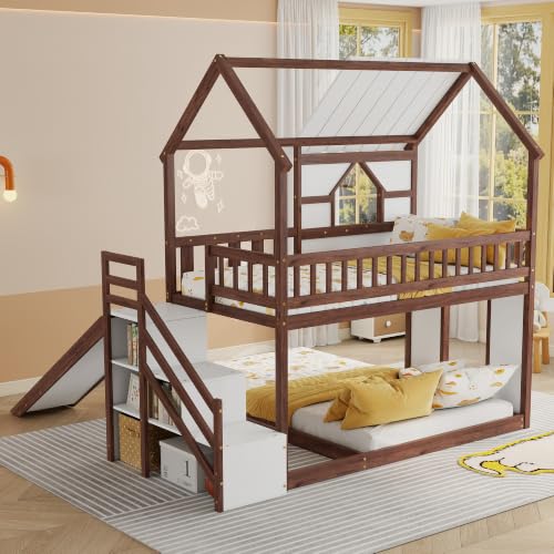 Image of Bellemave Bunk beds Twin Over Full with Slide,Storage Staircase,House roof Design,Low bunk /loft Bed for Kids，Walnut