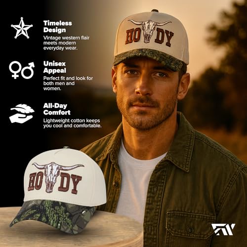 Image of Country Trucker Hat - Western Snapback Baseball Cap - Vintage Embroidered Hat for Men & Women