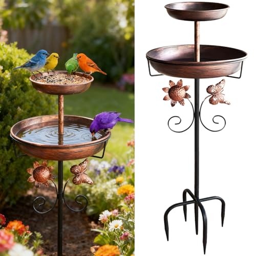 STAVAN 107 cm (42 Inch) Outdoor Bird Bath, Vintage Style Dual Bowl Bird Bath & Feeder with Sturdy 5-Prong Base, Antique Bronze Freestanding Metal Birdbath for Garden, Patio & Lawn Decor