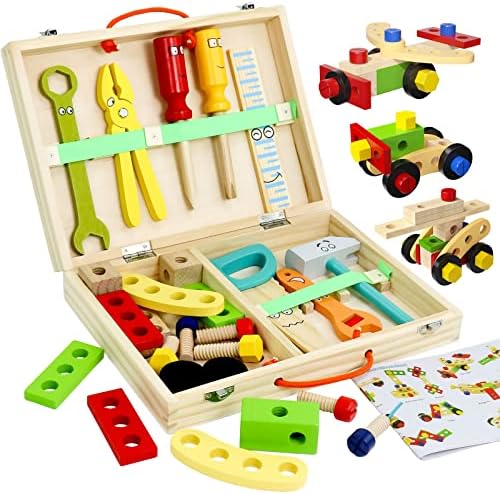 TONZE Kids Tool Set Toddler Toys Age 2-4 Learning Montessori Toys for 2 Year Old Boy Girl Gifts,Wooden Educational Stem Construction Toys Gifts for 2 3 4 5 Year Old Boys Girls Toddler Tool Set